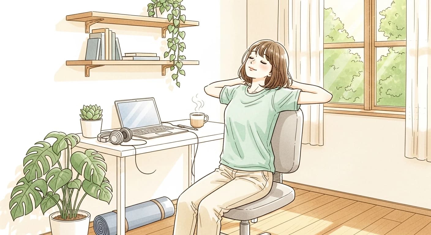 自宅デスクで気持ちよくストレッチする人 - アソビスイッチ