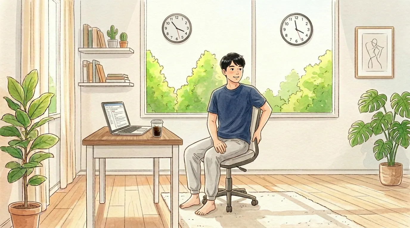 長時間デスクに座るリモートワーカーのイラスト