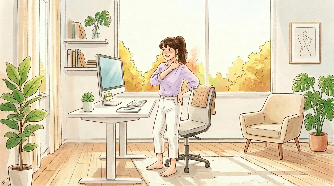 デスク横で肩をほぐす人のイラスト